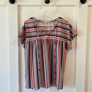 STACCATO multi-color striped vneck blouse with rolled short sleeves